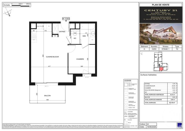 Appartement T2 &agrave; vendre - 2 pi&egrave;ces - 44,18 m2 - Poisy - 74 - RHONE-ALPES