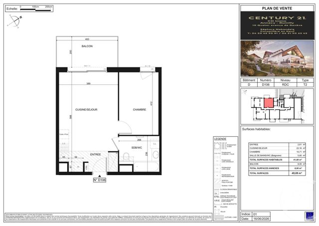 Appartement T2 &agrave; vendre - 2 pi&egrave;ces - 41,08 m2 - Poisy - 74 - RHONE-ALPES